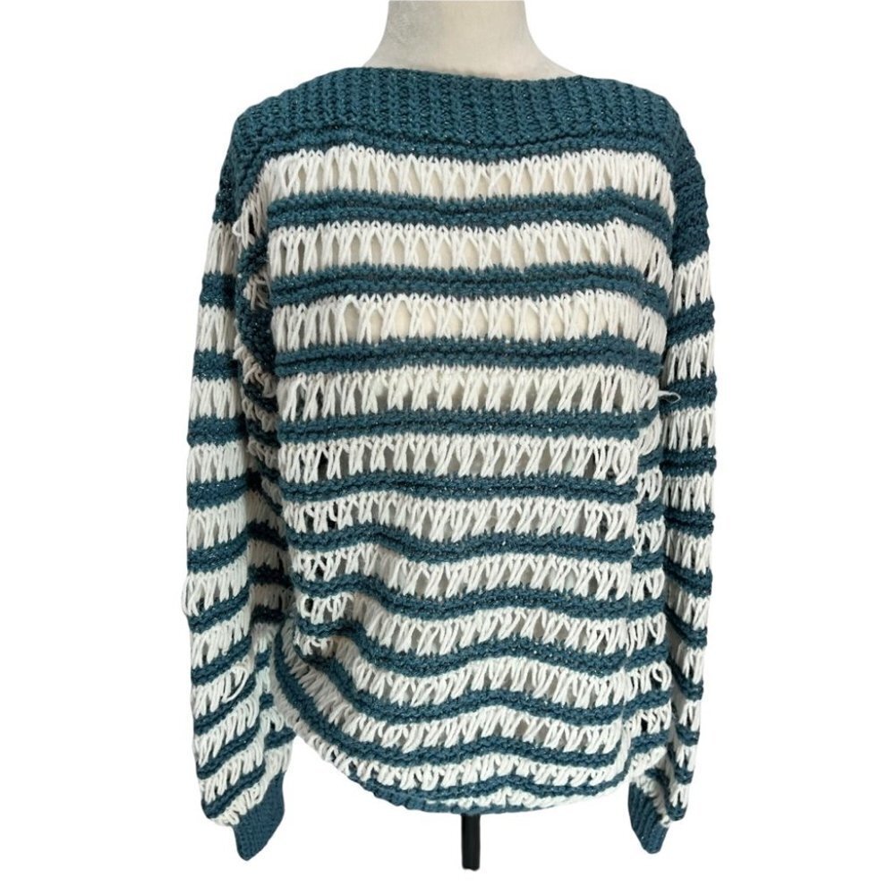 Unique! Vintage Hand Knit Open Weave Sweater White/Teal Size M/L - Picture 3 of 10